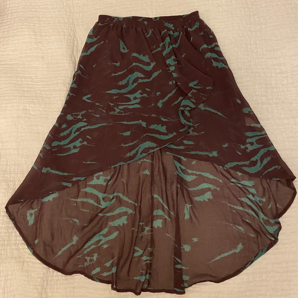 Sheer purple and turquoise high-low skirt